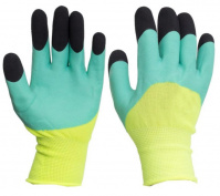 Перчатки нейлон с полимерным покрытием 3/4, двойной облив пальцев, лимон/зеленый/черный