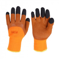 Перчатки акриловые 3/4 двойной облив пальцев, утепленные, оранжевый/коричневый/черный