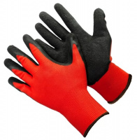 Перчатки нейлоновые с рифленым полимерным покрытием, 1/2 облив, красные с черным  